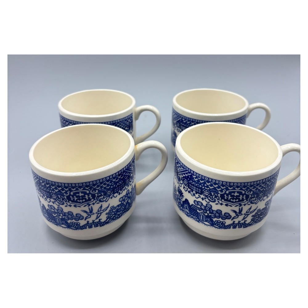 Vintage Blue Willow Tea Coffee Cups Mugs Set of 4  Ceramic Mugs USA Stackable